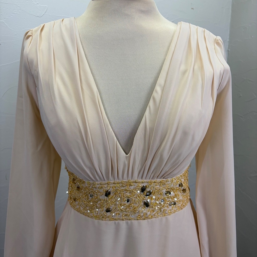 Elegant Formal Gown Beaded Empire Waist Long Sleeve Slit S Regency 70's - Picture 4 of 10